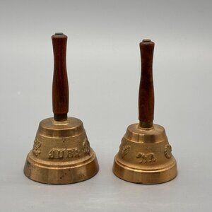 Vintage Brass Souvenir Bells with Wooden Handles Set of 2 Jura Scotland Decor